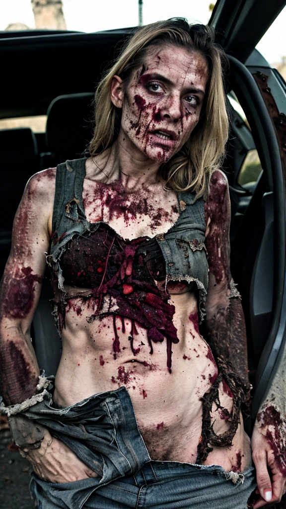 (realistic:1.37),head to toe ultra-realistic depiction,zombie woman,decaying body from head to toe,detailed rotting flesh,necrotic features,necrosing body,dirty and torn clothes