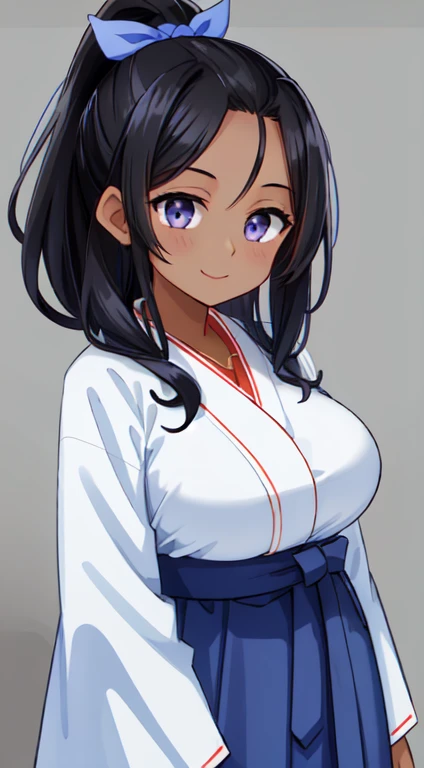 masterpiece, best quality, anime Illustration, 4k, 1 girl, solo, standing, long hair, black hair, violet eyes, high ponytail, blue hair ribbon, blue ribbon, blue hakama and white kimono, big breasts, medium breasts, looking_at_viewer, motherly smile, upper_body, dark skin, ((Village background:1.0)), ((dark skin: 1.5)), , ((parted bangs: 1.4)),  parted bangs, large forehead