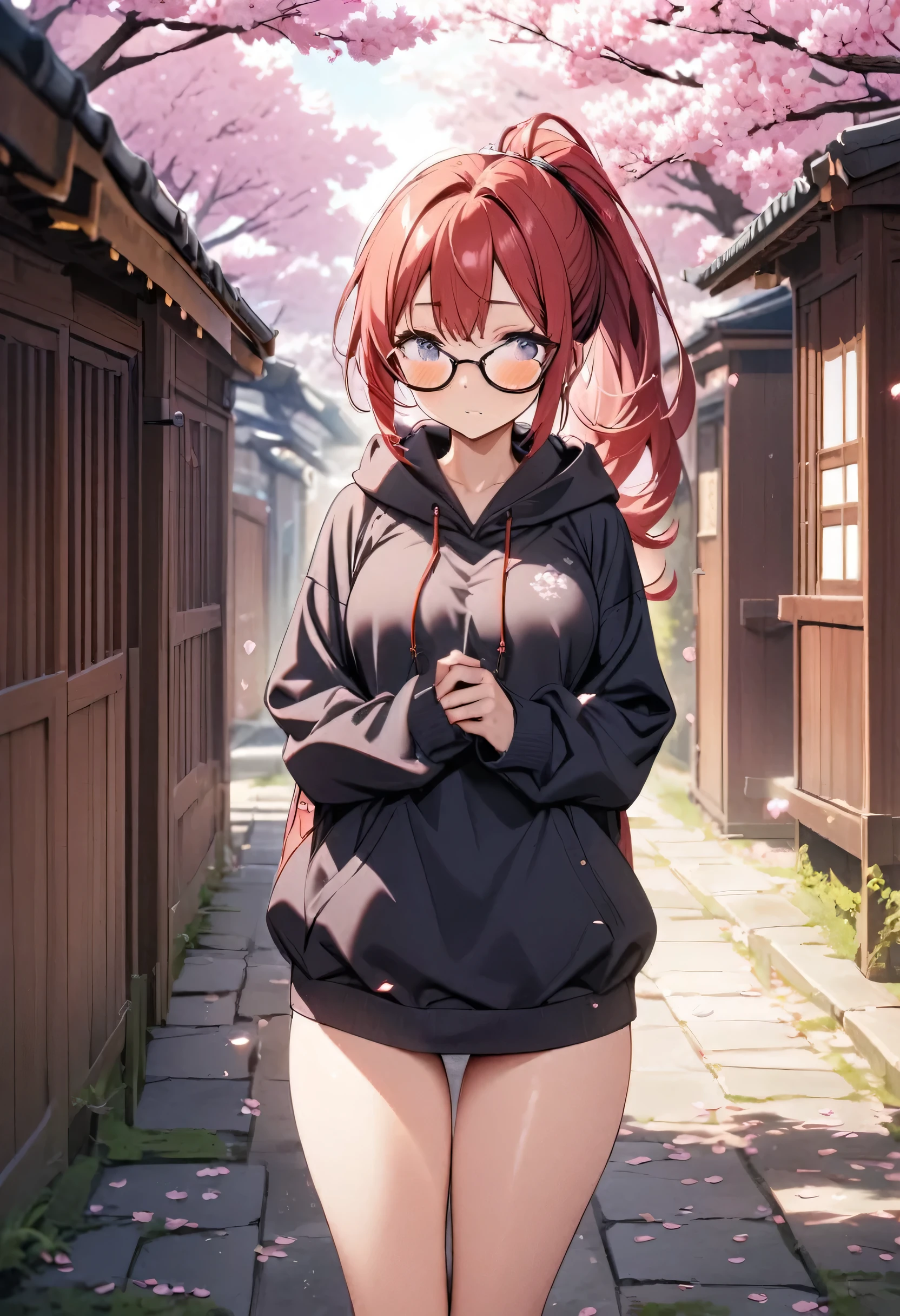 Red hair ponytail Glasses Shyness Thighs hoodie cherry blossoms