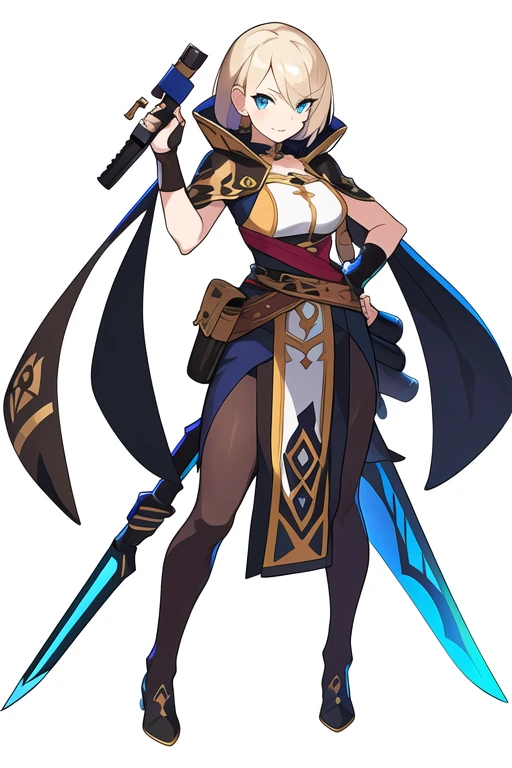 stand posture, cute eyes, adult woman,, solo, high fantasy outfits, ((white background)), full body, holding weapon,