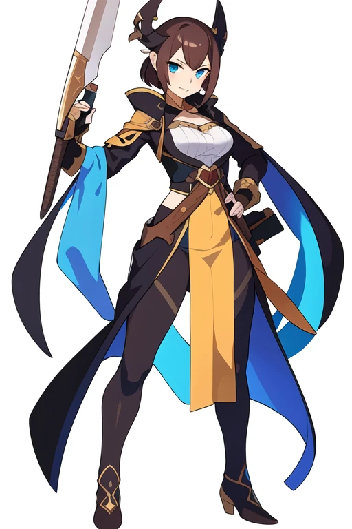 stand posture, cute eyes, adult woman,, solo, high fantasy outfits, ((white background)), full body, holding weapon,