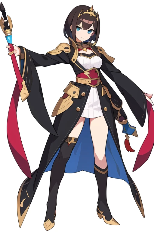 stand posture, cute eyes, adult woman,, solo, high fantasy outfits, ((white background)), full body, holding weapon,

