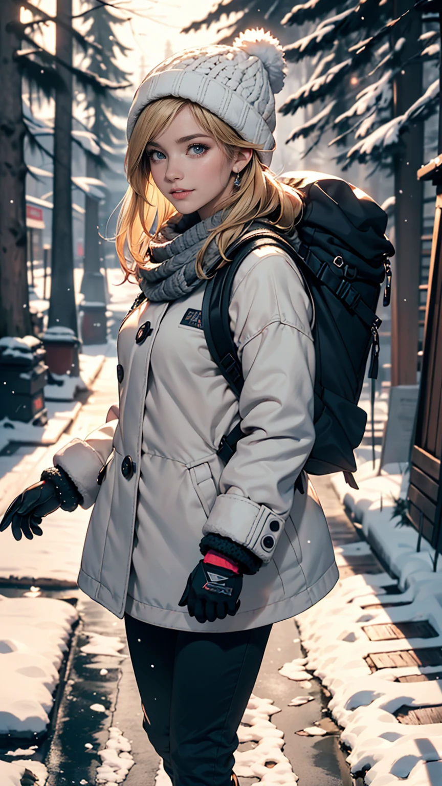 ((最high quality, 8K, masterpiece: 1.3, Ultra HD, high quality, 最high quality, High resolution, realism)) 、A 22-year-old extremely beautiful white woman、Hair color blonde、blue eyeedium Hair、Straight Hair、smile、Slender but well-proportioned body、Background blur((depth of field))、aerial perspective((atmospheric perspective))、I want my head to stay off screen、In snowy mountain forests、Wear suitable winter clothing for hiking、Wear winter trousers、Wear winter shoes、Carry a big backpack、Walking through the snow、Wear a knitted hat、Wear cold weather gloves