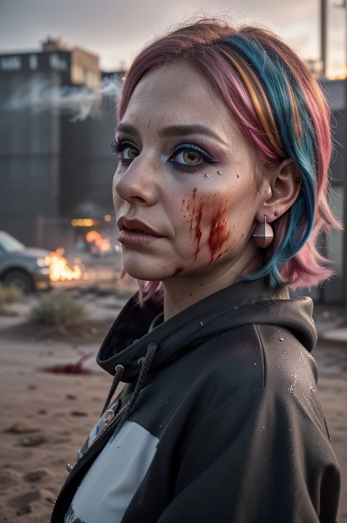 ((Best quality, 8k, Masterpiece: 1.3, realistic)), ((5120x1440)), Sharp focus: 1.2, 30 year old woman, ((Pink hair with orange/blue highlights)), Zombie apocalypse, Pistol holster strapped to leg, Desert Eagle Pistol in Right hand, Cargo pants, Hoodie, backdrop of city burning, Looking at viewer, Dark and stormy day, raining, sunset, Smoky atomsphere, ((Eye makeup, pink mascara)), (((ultra realistic))), masterpiece, Small nose, Sharp focus: 1.2, Multiple Ear Piercings, right side stud nose piercing, ((very detailed eyes, very detailed iris)), Taken with Nikon Z 14mm ultra wide-angle, photography, radiant light rays, high resolution, high detail, spooky atmosphere, looking at viewer, smoke in sky, Burning, depth of field, ((she has blood on her with cuts and scratches)),