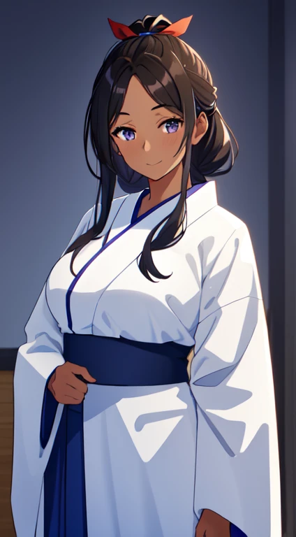 masterpiece, best quality, anime Illustration, 4k, 1 girl, solo, standing, long hair, black hair, violet eyes, high ponytail, blue hair ribbon, blue ribbon, blue hakama and white kimono, big breasts, medium breasts, looking_at_viewer, motherly smile, upper_body, dark skin, ((Village background:1.0)), ((dark skin: 1.5)), , ((parted bangs: 1.4)),  parted bangs, large forehead