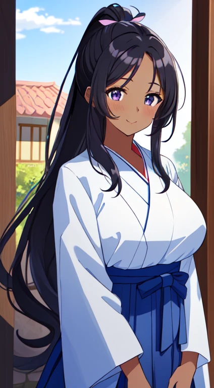 masterpiece, best quality, anime Illustration, 4k, 1 girl, solo, standing, long hair, black hair, violet eyes, high ponytail, blue hair ribbon, blue ribbon, blue hakama and white kimono, big breasts, medium breasts, looking_at_viewer, motherly smile, upper_body, dark skin, ((Village background:1.0)), ((dark skin: 1.5)), , ((parted bangs: 1.4)),  parted bangs, large forehead