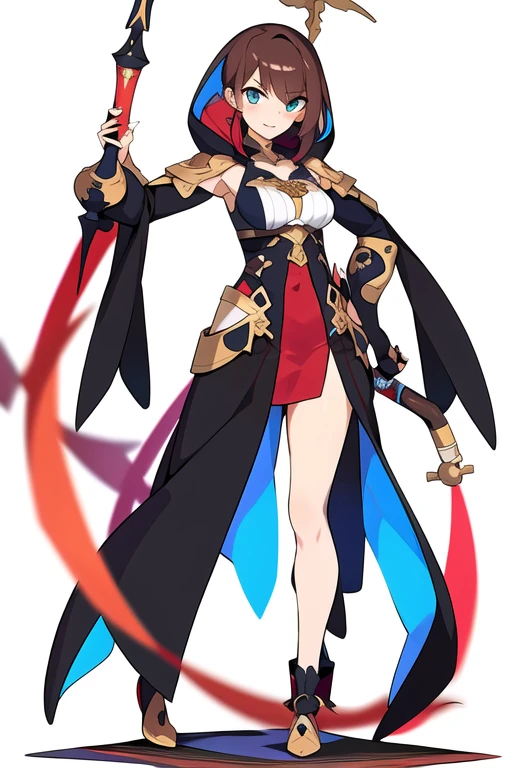 stand posture, cute eyes, adult woman,, solo, high fantasy outfits, ((white background)), full body, holding weapon,
