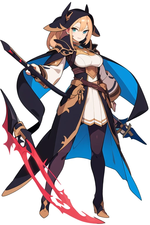 stand posture, cute eyes, adult woman,, solo, high fantasy outfits, ((white background)), full body, holding weapon,
