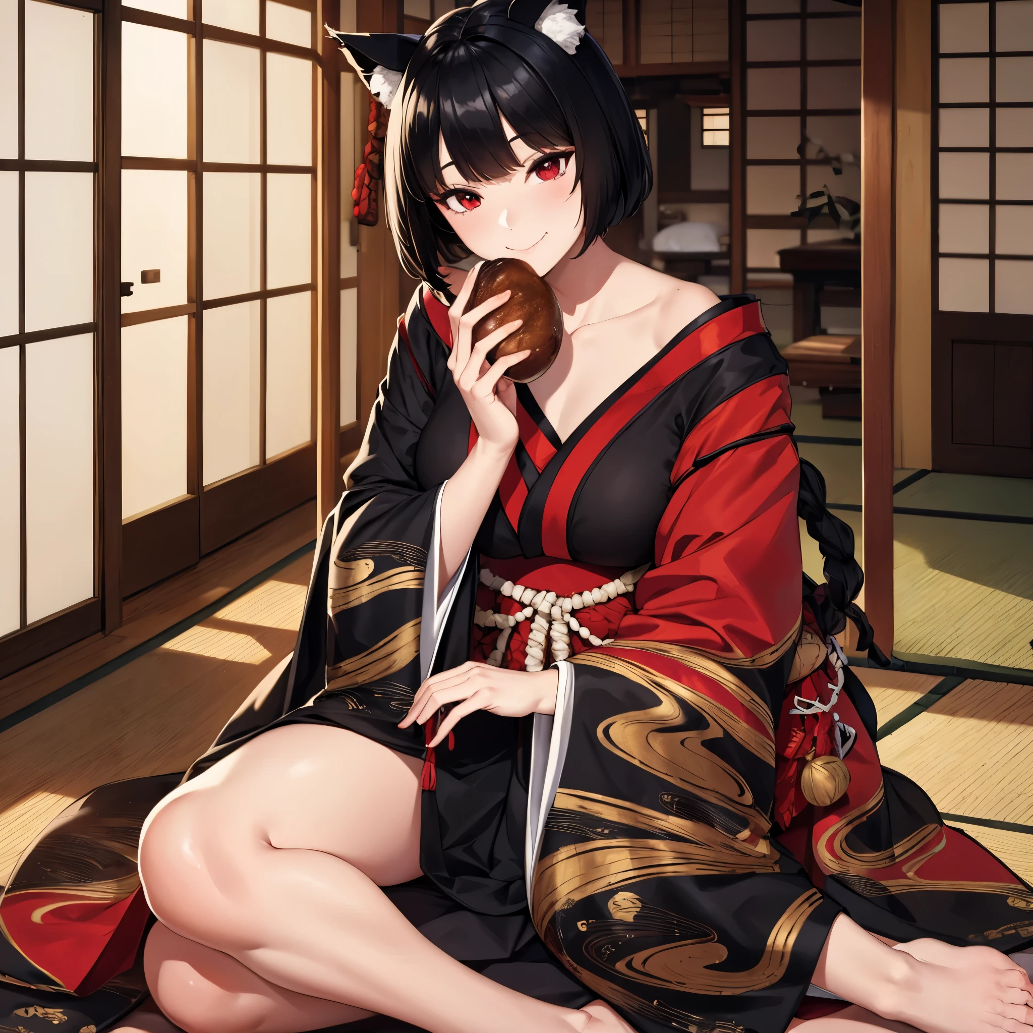 A woman wearing a long black kimono, red fur cape, short black hair, smiling, cat ears, eating fish on a skewer, red eyes, in a room of a traditional Japanese house, windows and furniture.HDR, ultra resolution, well defined, masterpiece, 8K HD. (solo woman)