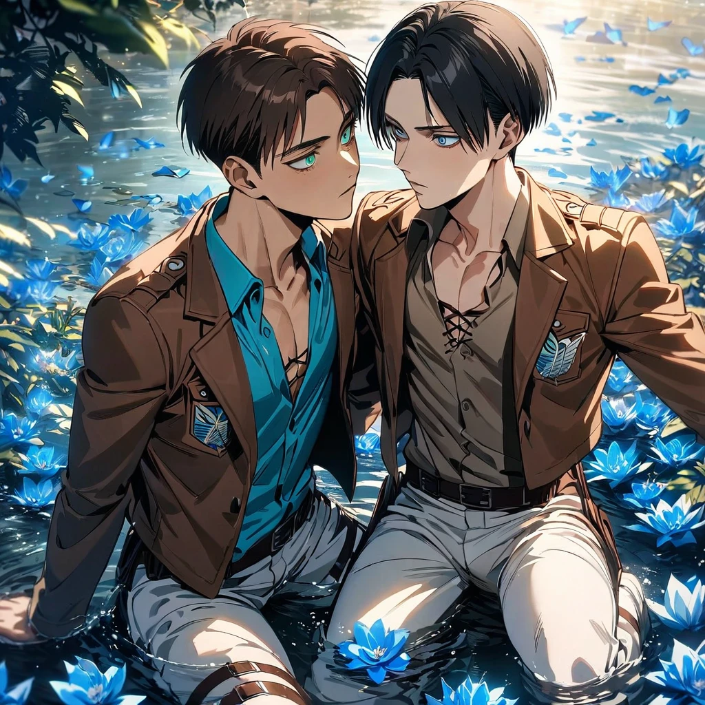 absurdres, highres, ultra detailed, HDR, masterpiece, extremely detailed face and eyes, Eren Yeager, brown hair, expressive turquoise eyes, Shingeki No Kyojin, Levi Ackerman, black hair, expressive blue eyes, two sexy men together, gay couple, very handsome, water, blue lilies, petals, butterflies, brown jacket, white pants