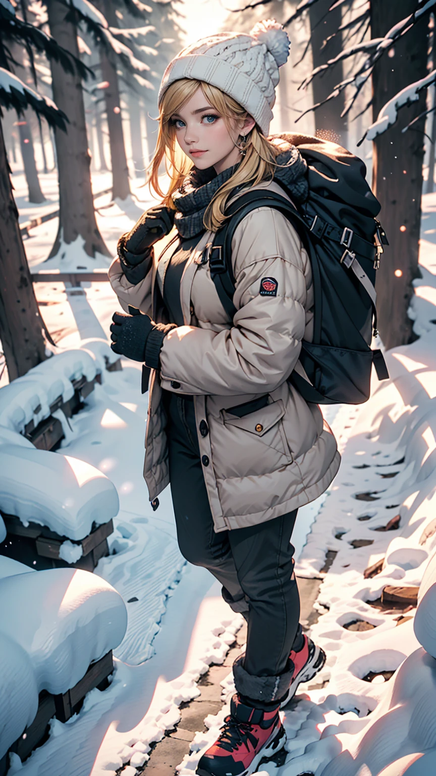((最high quality, 8K, masterpiece: 1.3, Ultra HD, high quality, 最high quality, High resolution, realism)) 、A 22-year-old extremely beautiful white woman、Hair color blonde、blue eyeedium Hair、Straight Hair、smile、Slender but well-proportioned body、Background blur((depth of field))、aerial perspective((atmospheric perspective))、I want my head to stay off screen、In snowy mountain forests、Wear suitable winter clothing for hiking、Wear winter trousers、Wear winter shoes、Carry a big backpack、Walking through the snow、Wear a knitted hat、Wear cold weather gloves、Lots of snow