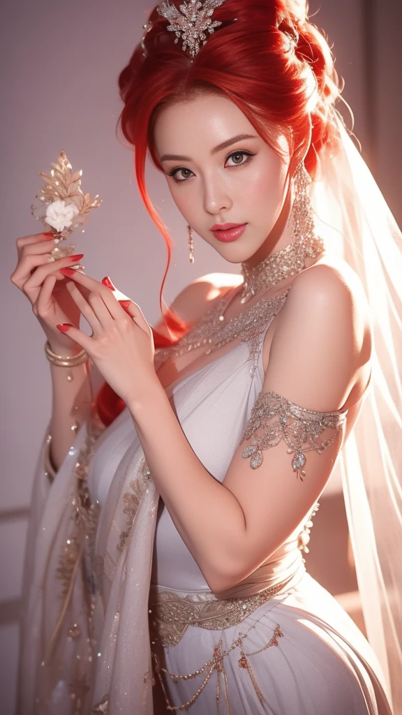 a long shot of a Instagram model with red hair, wearing an elegant silver sequence  gown, with a seductive look on her face, flirting with the camera, closeup,