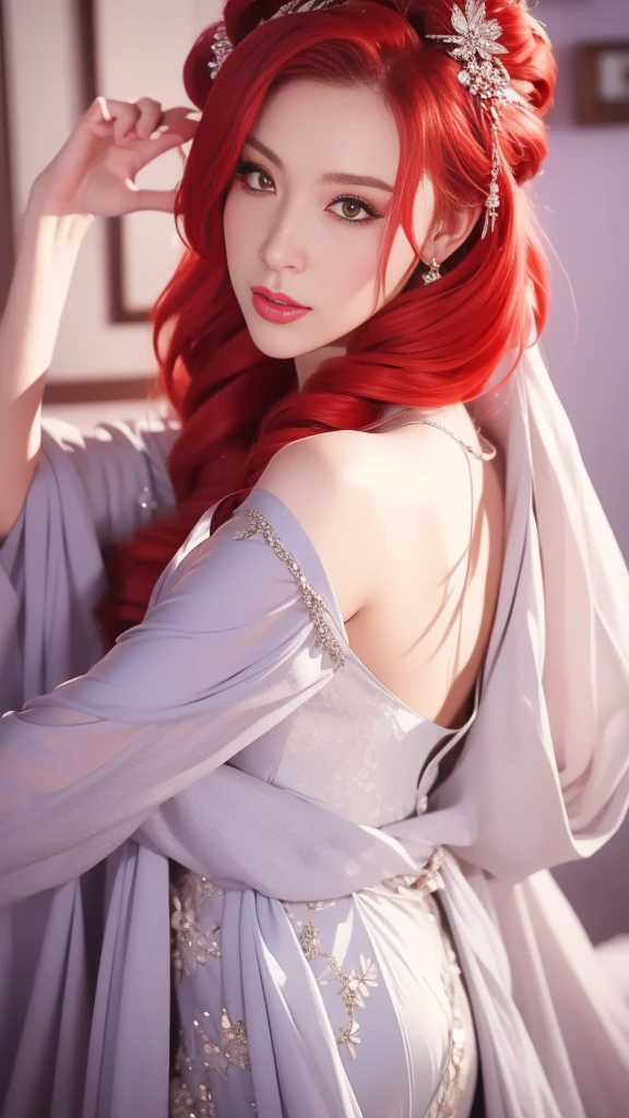 a long shot of a Instagram model with red hair, wearing an elegant silver sequence  gown, with a seductive look on her face, flirting with the camera, closeup,