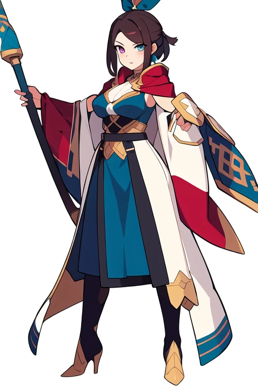 stand posture, cute eyes, adult woman,, solo, high fantasy outfits, ((white background)), full body, holding weapon,