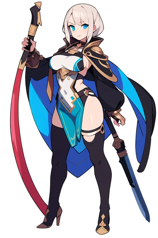 stand posture, cute eyes, adult woman,, solo, high fantasy outfits, ((white background)), full body, holding weapon,
