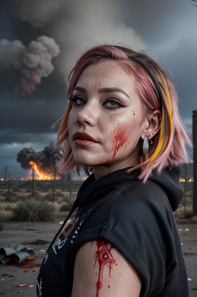 ((Best quality, 8k, Masterpiece: 1.3, realistic)), 30 year old woman, ((Pink hair with orange/blue highlights)), Zombie apocalypse, Pistol holster strapped to leg, Desert Eagle Pistol in Right hand, Cargo pants, Hooded jumper, backdrop of city burning, Looking at viewer, Dark and stormy day, raining, sunset, Smoky atomsphere, ((Eye makeup, pink mascara)), (((ultra realistic))), masterpiece, Small nose, Sharp focus: 1.2, Multiple Ear Piercings, right side stud nose piercing, ((very detailed eyes, very detailed iris)), Taken with Nikon Z 14mm ultra wide-angle, radiant light rays, high resolution, high detail, spooky atmosphere, looking at viewer, smoke in sky, Burning, depth of field, ((she has blood on her with cuts and scratches)),