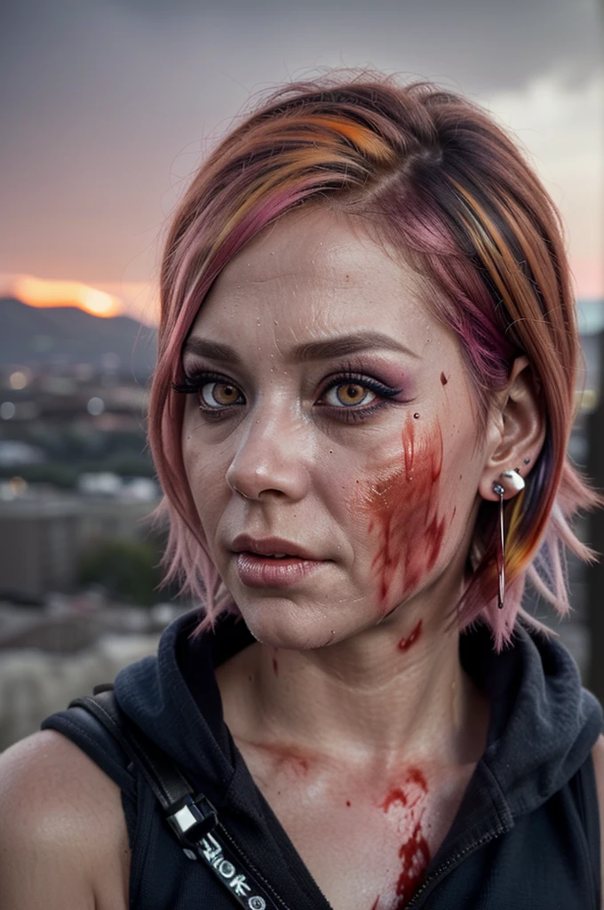 ((Best quality, 8k, Masterpiece: 1.3, realistic)), 30 year old woman, ((Pink hair with orange/blue highlights)), Zombie apocalypse, Pistol holster strapped to leg, Desert Eagle Pistol in Right hand, Cargo pants, Hoodie, backdrop of city burning, Looking at viewer, Dark and stormy day, raining, sunset, Smoky atomsphere, ((Eye makeup, pink mascara)), (((ultra realistic))), masterpiece, Small nose, Sharp focus: 1.2, Multiple Ear Piercings, right side stud nose piercing, ((very detailed eyes, very detailed iris)), Taken with Nikon Z 14mm ultra wide-angle, radiant light rays, high resolution, high detail, spooky atmosphere, looking at viewer, smoke in sky, Burning, depth of field, ((she has blood on her with cuts and scratches)),