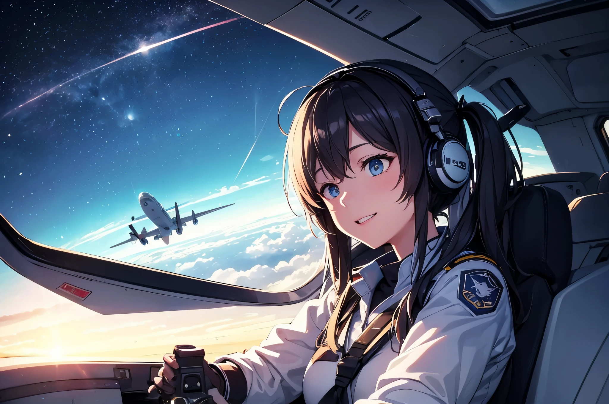 masterpiece, Many large passenger aircraft、Beautiful young pilot sitting in the cockpit、Light blue long hair、Beautiful girl with twin tails、Bright smile、Pilot uniform、Wear a pilot cap、Adorned with patches that represent experience and expertise....  Cockpit interior scene from the movie, The cockpit is filled with light panels..., Dials and buttons., Convey a sense of precision and control. Pilot looks at dashboard、I pressed the button through the transparent roof.。..., A magnificent view of the vast sky..., Fluffy white clouds and streaks of sunlight、And a spot showing other commercial aircraft flying in the background...., The pilot&#39;s hands gently gripped the control stick.... , Spectacular Scene, Vibrant colors, Full HD,  Ultra high definition, dramatic light, asymmetric configuration, Realistic portraits, Unreal Engine, Concept Art