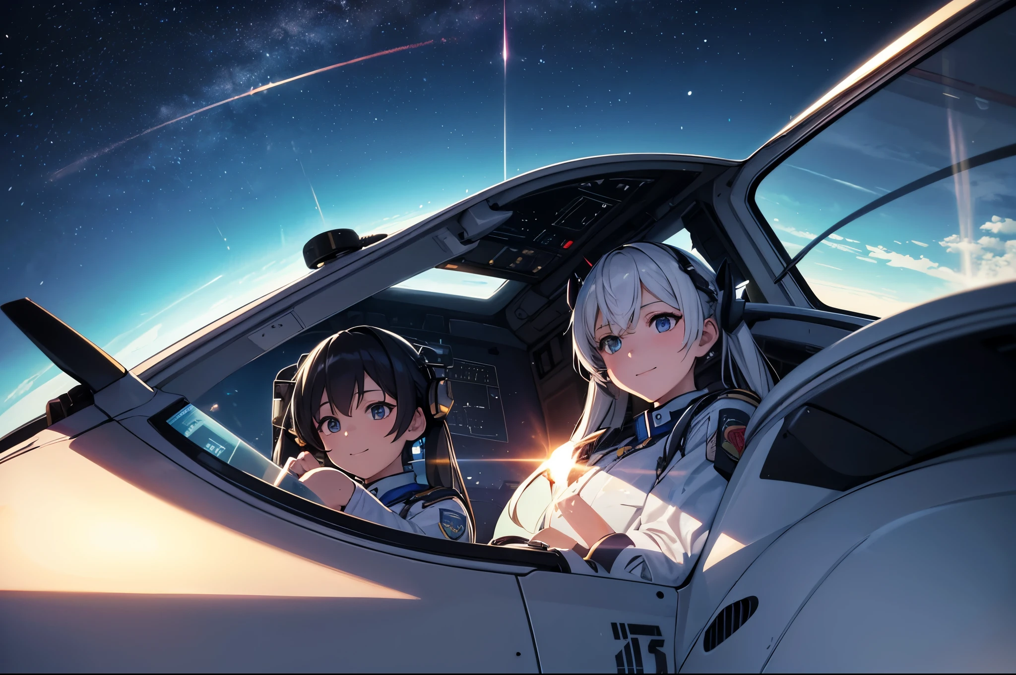 masterpiece, Many large passenger aircraft、Beautiful young pilot sitting in the cockpit、Light blue long hair、Beautiful girl with twin tails、Bright smile、Pilot uniform、Wear a pilot cap、Adorned with patches that represent experience and expertise.... Cockpit interior scene from the movie, The cockpit is filled with light panels..., Dials and buttons., Convey a sense of precision and control. Pilot looks at dashboard、I pressed the button through the transparent roof.。..., A magnificent view of the vast sky..., Fluffy white clouds and streaks of sunlight、And a spot showing other commercial aircraft flying in the background...., The pilot's hands gently gripped the control stick.... , Spectacular Scene, Vibrant colors, Full HD, Ultra high definition, dramatic light, asymmetric configuration, Realistic portraits, Unreal Engine, Concept Art