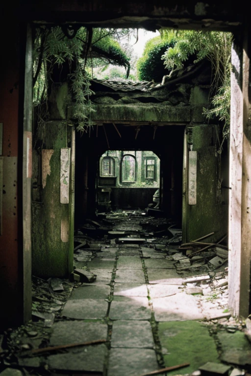 amusement park,moss,Collapse,Devastation,Inside the ruins is narrow,Showa,Glasses,Women,adventure,Black and White,