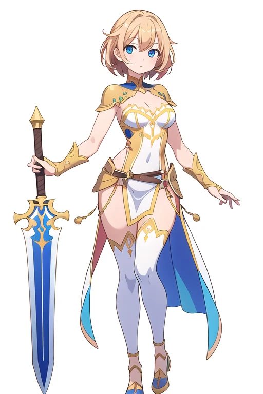 stand posture, cute eyes, adult woman,, solo, high fantasy outfits, ((white background)), full body, holding weapon,