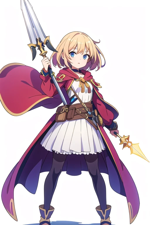 stand posture, cute eyes, adult woman,, solo, high fantasy outfits, ((white background)), full body, holding weapon,
