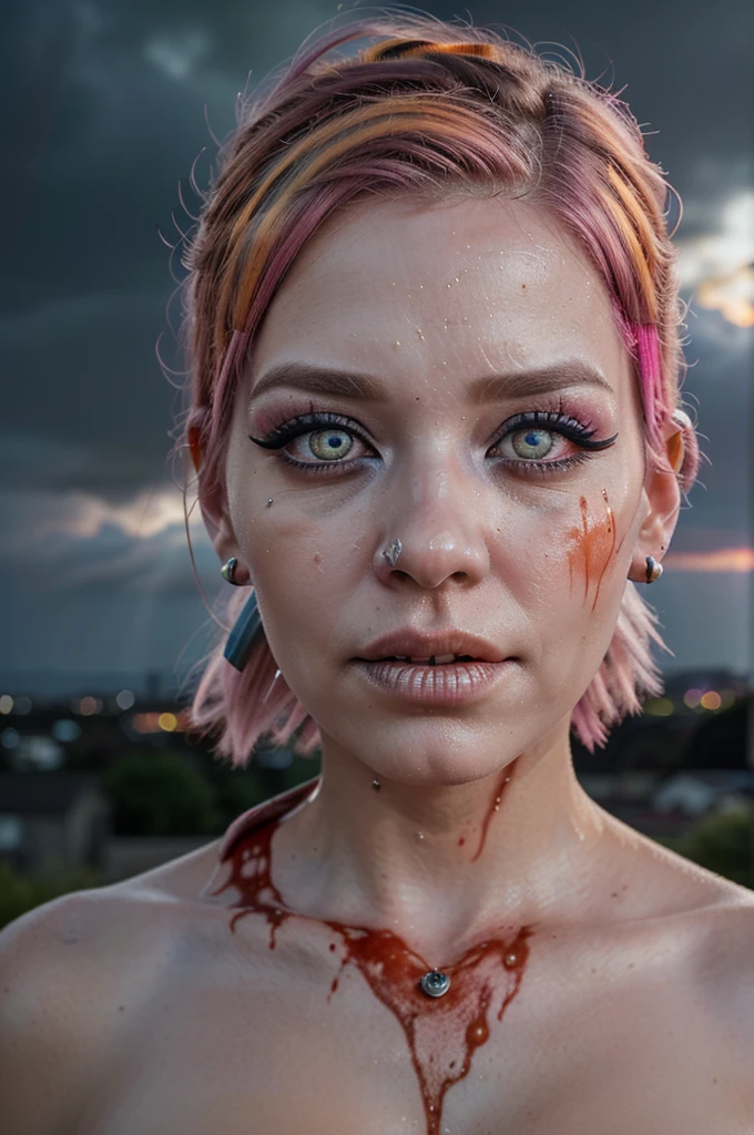 ((Best quality, 8k, Masterpiece: 1.3, realistic)), 30 year old woman, ((Pink hair with orange/blue highlights)), Zombie apocalypse, backdrop of city burning, Looking at viewer, Dark and stormy day, raining, sunset, Smoky atomsphere, ((Eye makeup, pink mascara)), (((ultra realistic))), masterpiece, Small nose, Sharp focus: 1.2, Multiple Ear Piercings, right side stud nose piercing, ((very detailed eyes, very detailed iris)), Taken with Nikon Z 14mm ultra wide-angle, radiant light rays, high resolution, high detail, spooky atmosphere, looking at viewer, smoke in sky, Burning, depth of field, ((she has blood on her with cuts and scratches)), 