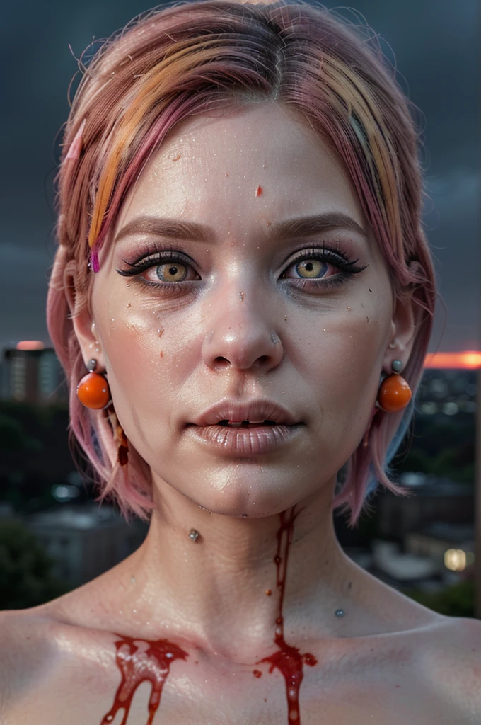 ((Best quality, 8k, Masterpiece: 1.3, realistic)), 30 year old woman, ((Pink hair with orange/blue highlights)), Zombie apocalypse, backdrop of city burning, Looking at viewer, Dark and stormy day, raining, sunset, Smoky atomsphere, ((Eye makeup, pink mascara)), (((ultra realistic))), masterpiece, Small nose, Sharp focus: 1.2, Multiple Ear Piercings, right side stud nose piercing, ((very detailed eyes, very detailed iris)), Taken with Nikon Z 14mm ultra wide-angle, radiant light rays, high resolution, high detail, spooky atmosphere, looking at viewer, smoke in sky, Burning, depth of field, ((she has blood on her with cuts and scratches)),