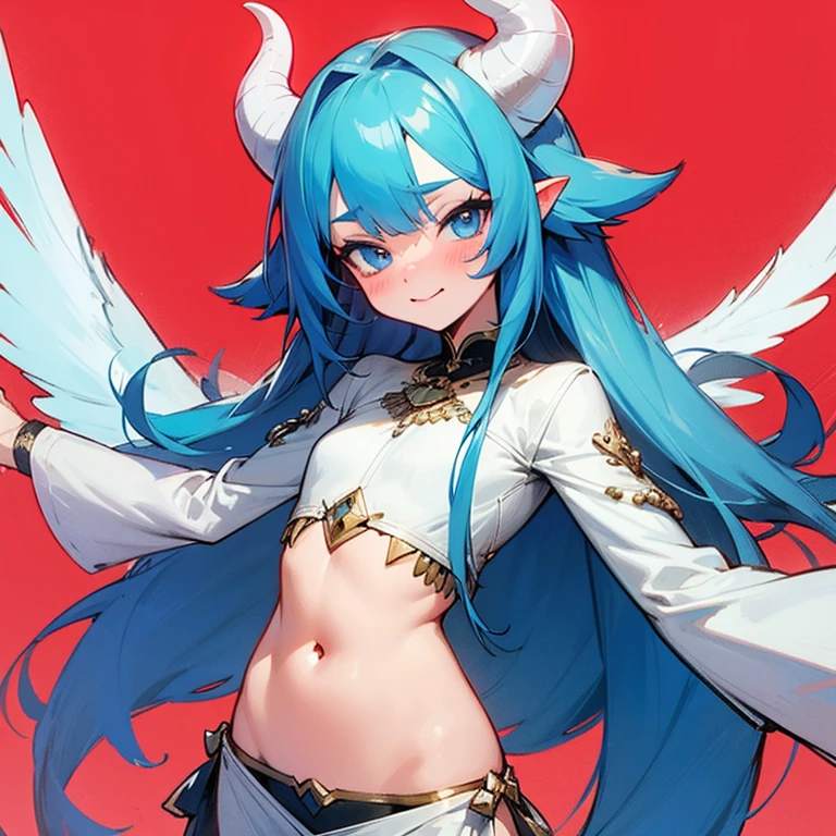 Succubus. Blue hair. White clothes. Blue eyes. Blue horns. Revealing clothes. Belly dancer. Slight blush. Slight smile. Small  . Male. Slightly feminine.  Blue tail. Slight blush. Toungue out.  