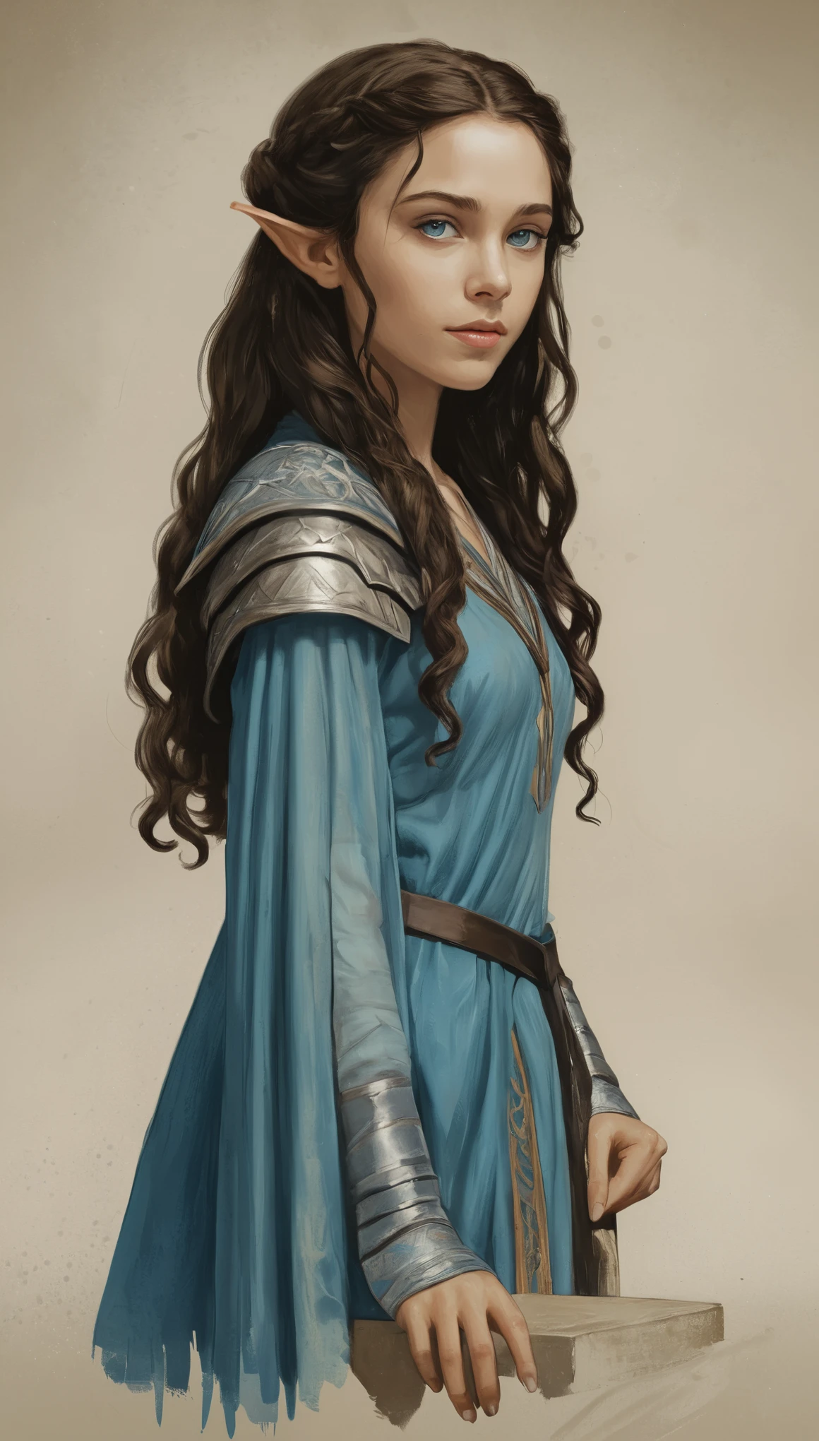 An illustrated movie poster, hand-drawn, full color, a young elven girl, wearing a servant's chiton, warm brown complexion, pointy elf ears, azure eyes, dark hair, long loose curls, waist-length hair, posing on a pedestal, hard shadows, graphite shading, stencil marks, airbrushed acrylic paint, masterpiece, in the style of Game of Thrones