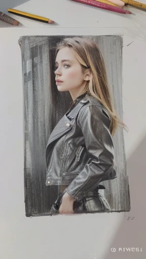 drawing of a woman in a leather jacket with a pencil, clothed non - nude retrato, A colored pencil sketch, a retrato of a girl, pencil and charcoal, side retrato of a girl, dibujo al pastel, three quarter retrato, obra de arte en colores pastel, Colored pencil sketch, solo retrato 🎨🖌️, inspirado por Sophia Beale, retrato. Alto detalle