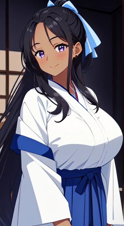 masterpiece, best quality, anime Illustration, 4k, 1 girl, solo, standing, long hair, black hair, violet eyes, high ponytail, blue hair ribbon, blue ribbon, blue hakama and white kimono, big breasts, huge breasts, looking_at_viewer, motherly smile, upper_body, dark skin, ((Village background:1.0)), ((dark skin: 1.5)), , ((parted bangs: 1.4)),  parted bangs, large forehead