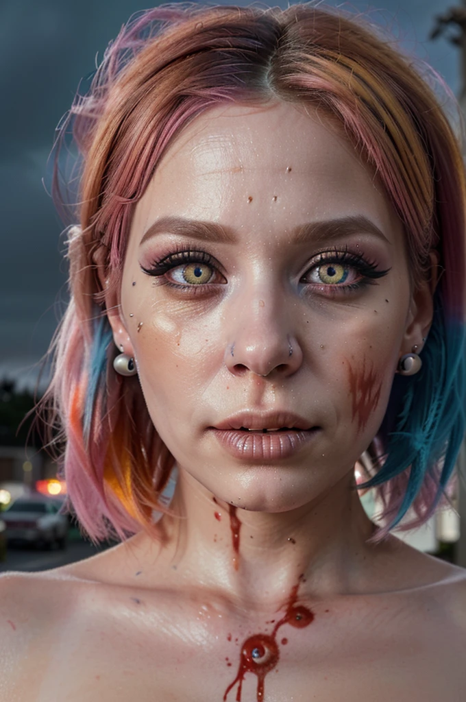 ((Best quality, 8k, Masterpiece: 1.3, realistic)), 30 year old woman, ((Pink hair with orange/blue highlights)), Zombie apocalypse, backdrop of city burning, Looking at viewer, Dark and stormy day, raining, sunset, Smoky atomsphere, ((Eye makeup, pink mascara)), (((ultra realistic))), masterpiece, Small nose, Sharp focus: 1.2, Multiple Ear Piercings, right side stud nose piercing, ((very detailed eyes, very detailed iris)), Taken with Nikon Z 14mm ultra wide-angle, radiant light rays, high resolution, high detail, spooky atmosphere, looking at viewer, smoke in sky, Burning, depth of field, ((she has blood on her with cuts and scratches)),