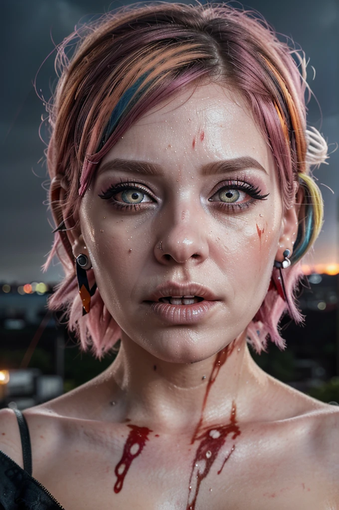 ((Best quality, 8k, Masterpiece: 1.3, realistic)), 30 year old woman, ((Pink hair with orange/blue highlights)), Zombie apocalypse, backdrop of city burning, Looking at viewer, Dark and stormy day, raining, sunset, Smoky atomsphere, ((Eye makeup, pink mascara)), (((ultra realistic))), masterpiece, Small nose, Sharp focus: 1.2, Multiple Ear Piercings, right side stud nose piercing, ((very detailed eyes, very detailed iris)), Taken with Nikon Z 14mm ultra wide-angle, radiant light rays, high resolution, high detail, spooky atmosphere, looking at viewer, smoke in sky, Burning, depth of field, ((she has blood on her with cuts and scratches)),