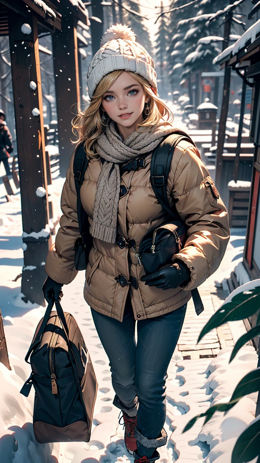 ((最high quality, 8K, masterpiece: 1.3, Ultra HD, high quality, 最high quality, High resolution, realism)) 、A 22-year-old extremely beautiful white woman、Hair color blonde、blue eyeedium Hair、Straight Hair、smile、Slender but well-proportioned body、Background blur((depth of field))、aerial perspective((atmospheric perspective))、I want my head to stay off screen、In snowy mountain forests、Wear suitable winter clothing for hiking、Wear winter trousers、Wear winter shoes、Carry a big backpack、Walking through the snow、Wear a knitted hat、Wear cold weather gloves、Lots of snow、Hold a stick in each hand