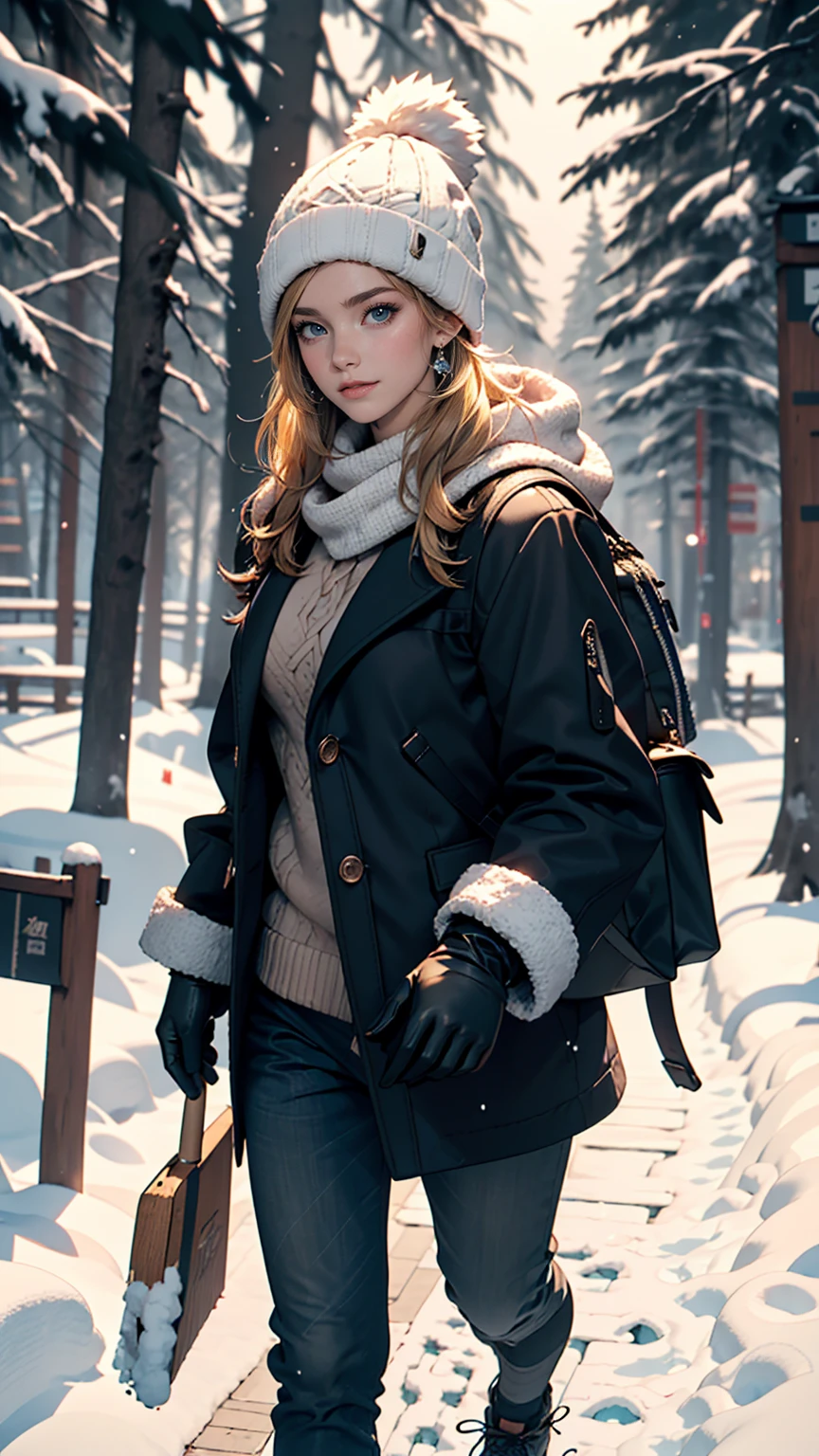 ((最high quality, 8K, masterpiece: 1.3, Ultra HD, high quality, 最high quality, High resolution, realism)) 、A 22-year-old extremely beautiful white woman、Hair color blonde、blue eyeedium Hair、Straight Hair、smile、Slender but well-proportioned body、Background blur((depth of field))、aerial perspective((atmospheric perspective))、I want my head to stay off screen、In snowy mountain forests、Wear suitable winter clothing for hiking、Wear winter trousers、Wear winter shoes、Carry a big backpack、Walking through the snow、Wear a knitted hat、Wear cold weather gloves、Lots of snow、Hold a stick in each hand