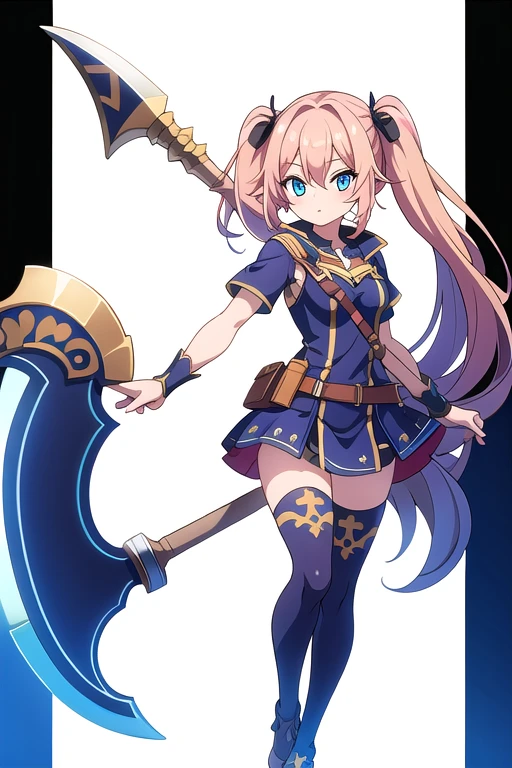 stand posture, cute eyes, adult woman,, solo, high fantasy outfits, ((white background)), full body, holding axe,