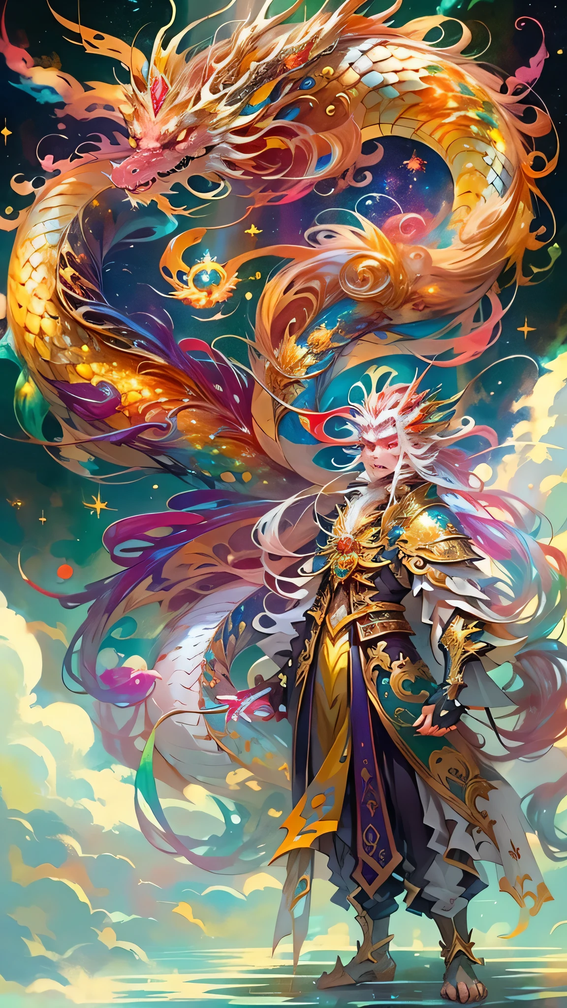 Golden Dragon。Rainbow glowing scales。The dragon god is coming。Golden Splash、Milky Way、god々々right、Golden eyes、Long red beard、