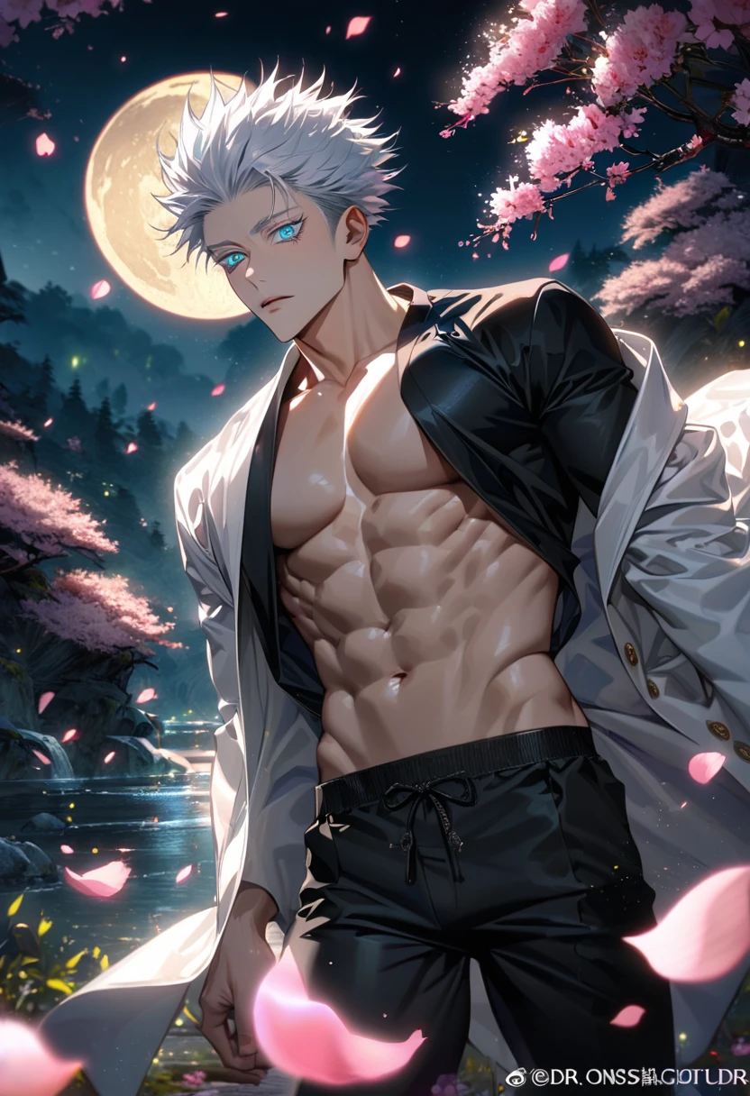 absurdres, highres, ultra detailed, HDR, masterpiece, extremely detailed face and eyes, Gojo Satoru, white hair with bangs, hair between the eyes, expressive blue eyes, white eyelashes, Jujutsu Kaisen, solo, sexy man, handsome, white coat, black tight shirt, toned chest, black pants, spring, waterfall, trees, purple lilies, petals