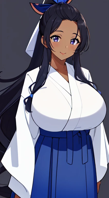 masterpiece, best quality, anime Illustration, 4k, 1 girl, solo, standing, long hair, black hair, violet eyes, high ponytail, blue hair ribbon, blue ribbon, blue hakama and white kimono, big breasts, huge breasts, looking_at_viewer, motherly smile, upper_body, dark skin, ((Village background:1.0)), ((dark skin: 1.5)), , ((parted bangs: 1.4)),  parted bangs, large forehead