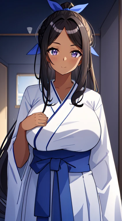 masterpiece, best quality, anime Illustration, 4k, 1 girl, solo, standing, long hair, black hair, violet eyes, high ponytail, blue hair ribbon, blue ribbon, blue hakama and white kimono, big breasts, huge breasts, looking_at_viewer, motherly smile, upper_body, dark skin, ((Village background:1.0)), ((dark skin: 1.5)), , ((parted bangs: 1.4)),  parted bangs, large forehead