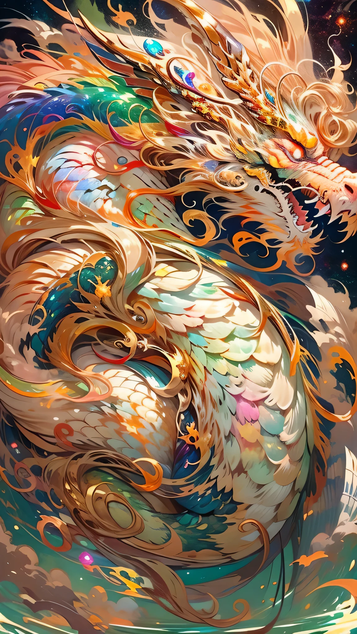 Golden Dragon。Rainbow glowing scales。The dragon god is coming。Golden Splash、Milky Way、god々々right、Golden eyes、Long red beard、