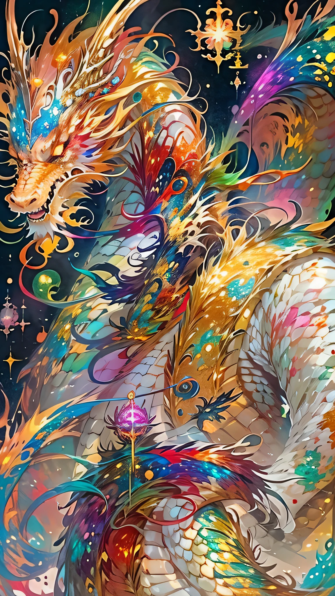 Golden Dragon。Rainbow glowing scales。The dragon god is coming。Golden Splash、Milky Way、god々々right、Golden eyes、Long red beard、