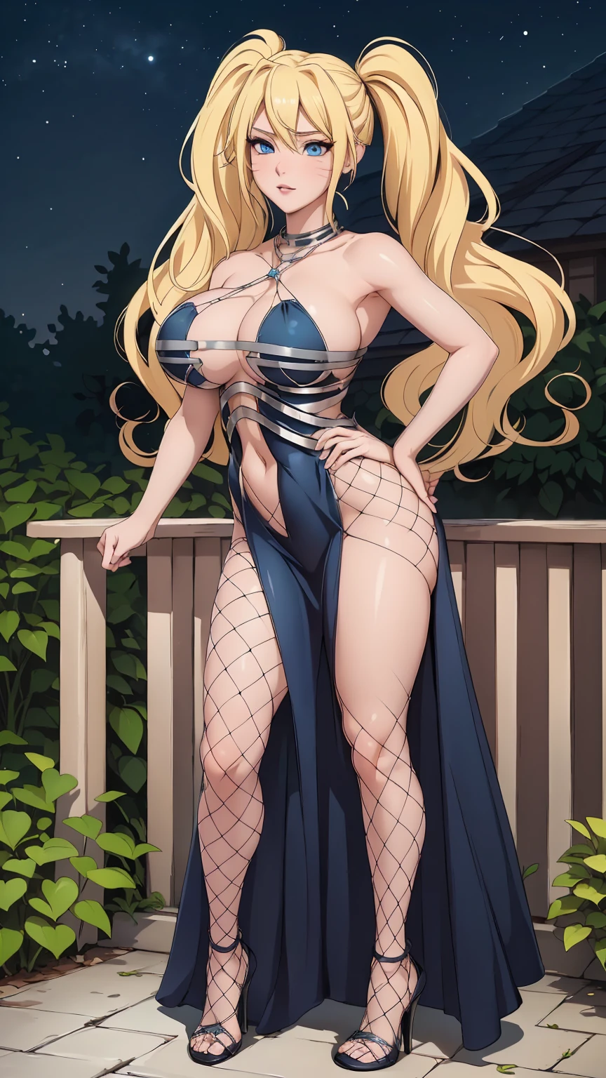 masterpiece, ultra high-quality, extremely detail 8k cg, high resolution, 1girl, narukouzumaki, twintails, wisker marks, blonde hair, blue eyes, perfect eyes, thin body, huge breasts, fakebreasts, evening gown, halterneck, criss-cross halter, tutututu, fishnet pantyhose, high heels, choker, beautiful face, outdoors, garden, night time, full shot photo, full body