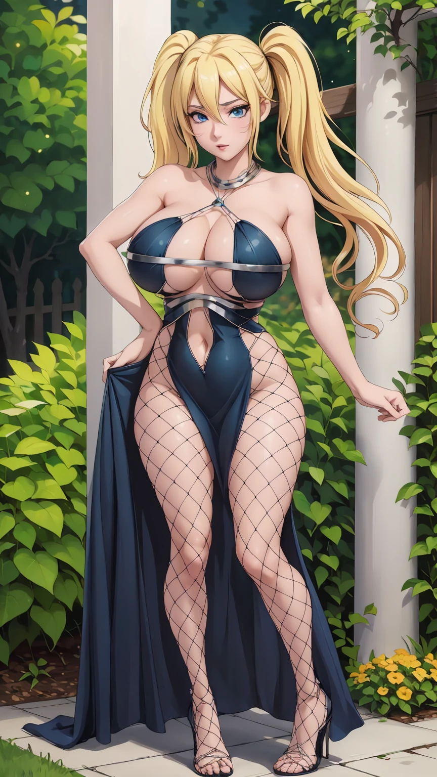 masterpiece, ultra high-quality, extremely detail 8k cg, high resolution, 1girl, narukouzumaki, twintails, wisker marks, blonde hair, blue eyes, perfect eyes, thin body, huge breasts, fakebreasts, evening gown, halterneck, criss-cross halter, tutututu, fishnet pantyhose, high heels, choker, beautiful face, outdoors, garden, night time, full shot photo, full body