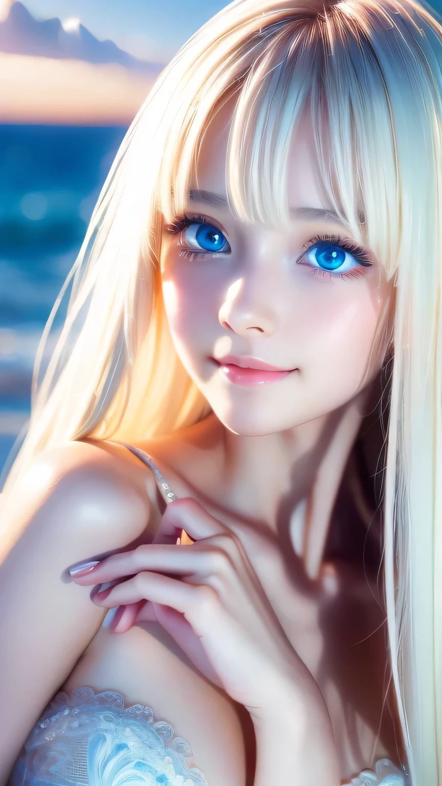 Mastepiece, Best Quality, Illustration, Super detailed, Fine details, High resolution, 8K Denden Wallpaper, Perfect dynamic composition, Beautiful detailed bright sparkling pale sky blue eyes, Women&#39;s Fashion Summer,Super long platinum blonde hair、Bangs between the eyes、,Big Breasts、Natural color lip, Bold sexy pose,A shy smile,Cute、20 year old girl、Small Face Girl、Sexy shot looking at the camera、Cheek highlighter