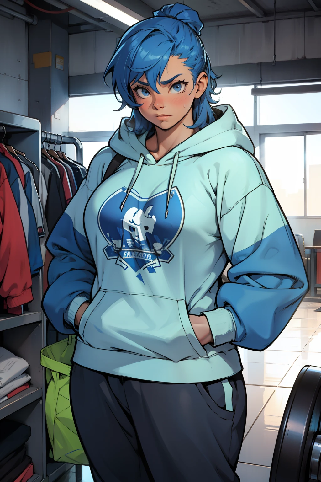 1girl, dwarf, blue hair, perky breasts, hoodie, sweatpants, ((muscular)), bulky body