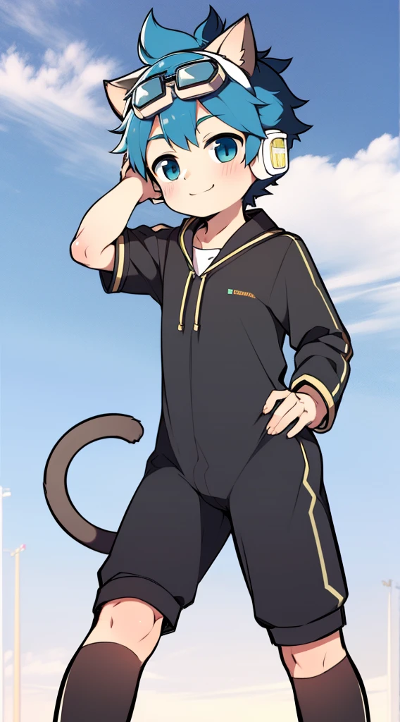 2D Boy Shota,One-piece mountaineering suit,Slim, healthy body,Put the headphones on your head,stand up,goggles,Cat ear,happy,Sailor collar,Lovely,Love,Short sleeve