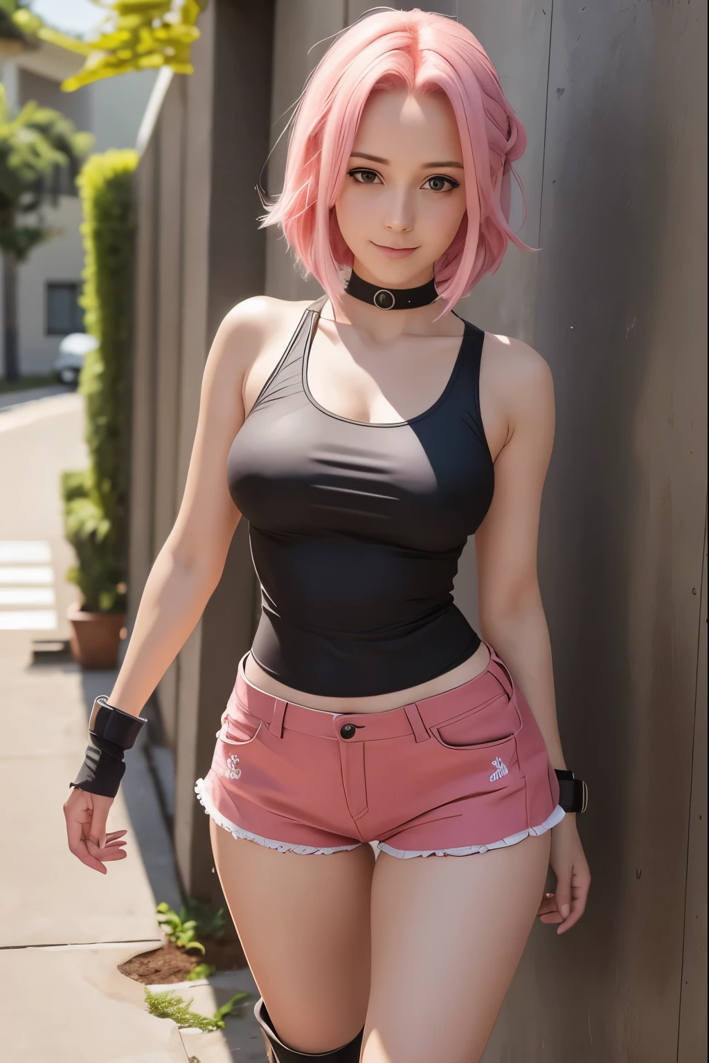 mulheres bonitas sakura haruno seu cabelo rosa, Seus olhos verdes, ela com fato de banho seios muitos grades, sagging panties, coxas rabo grade, STANDING , botas da tropa pretas, de costas , inclinada para a frente a olhar para traz,