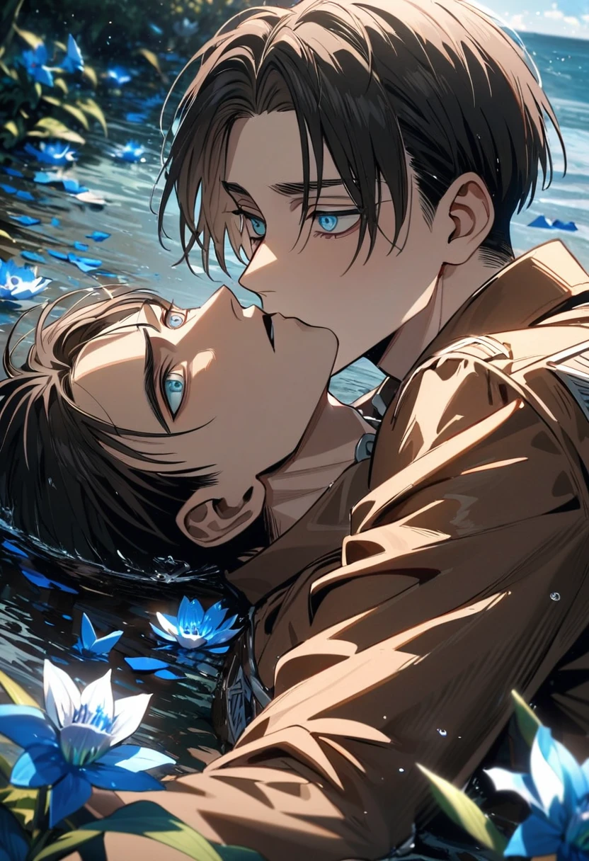absurdres, highres, ultra detailed, HDR, masterpiece, extremely detailed face and eyes, Eren Yeager, brown hair, expressive turquoise eyes, Shingeki No Kyojin, Levi Ackerman, black hair, expressive blue eyes, two sexy men together, gay couple, very handsome, water, blue lilies, petals, butterflies, brown jacket